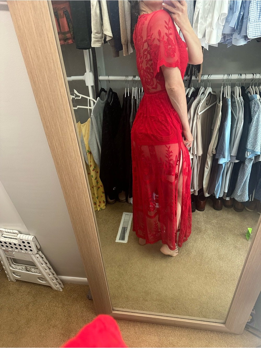 AKIRA Red Sheer Lace Deep V Maxi Dress - Picture 2 of 2